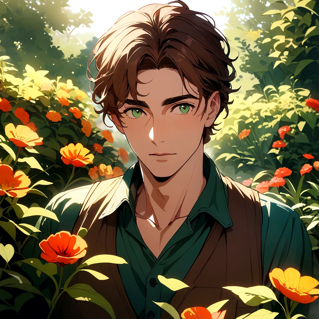 adult male gardener - brown hair - dark green eyes - in a garden