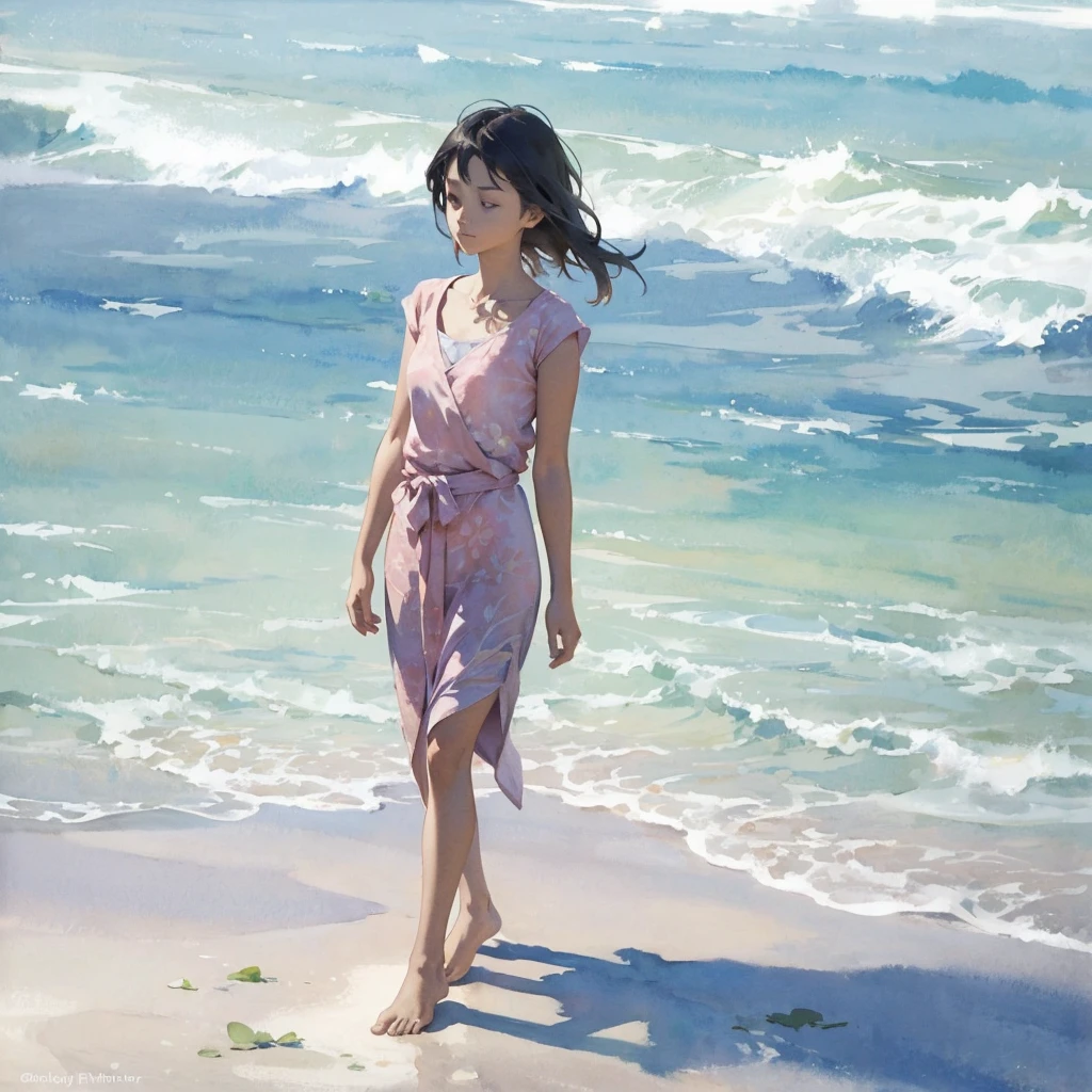 Tranquil voyager girl, in watercolor style, Photorealism, discreet pink and mint shades, barefoot