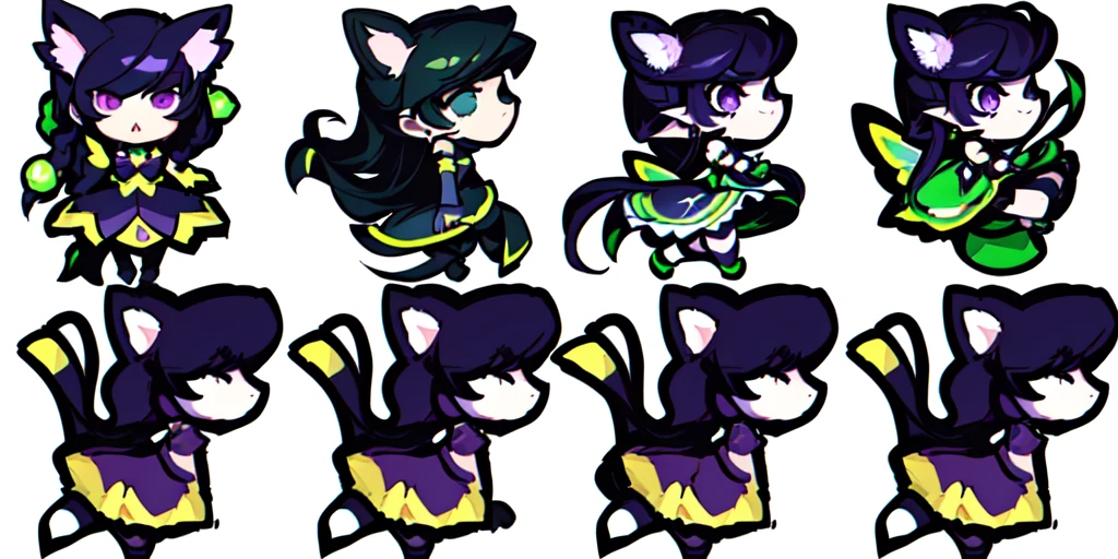 a close up of a cartoon character with different poses, spritesheet, sprite sheet, with familiar sprites, sprites, fairy girl, morgana, default pose neutral expression, twirling, sprite 2 d, shady, green fairy, smol, multiple poses, cute chibi, kawaii