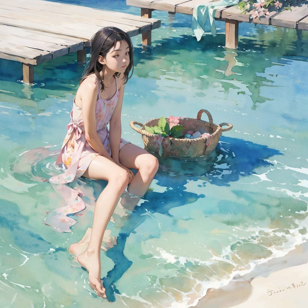 Tranquil voyager girl, in watercolor style, Photorealism, discreet pink and mint shades, barefoot