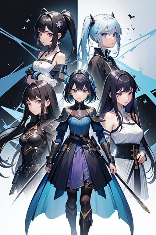 triplet has with vivid blue dress on black hair blue highlights hair is above shoulder height another triplet has a white dress short black hair other triplet has purple dress short black purple hair,, battle armor golden armor, little clothing,Anime girls, carrying katana, anime, short black hair with neon blue highlights, hair is above shoulder height, smooth beautiful, 4k, anime art, pendant on hair, cross t necklace,