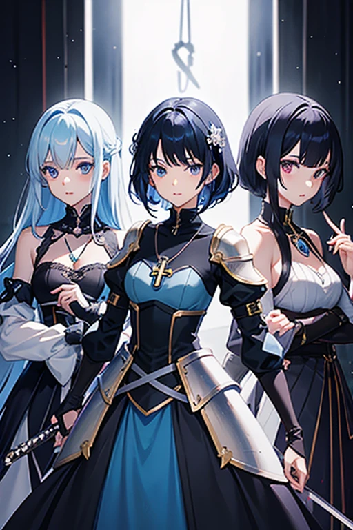 triplet has with vivid blue dress on black hair blue highlights hair is above shoulder height another triplet has a white dress short black hair other triplet has purple dress short black purple hair,, battle armor golden armor, little clothing,Anime girls, carrying katana, anime, short black hair with neon blue highlights, hair is above shoulder height, smooth beautiful, 4k, anime art, pendant on hair, cross t necklace,
