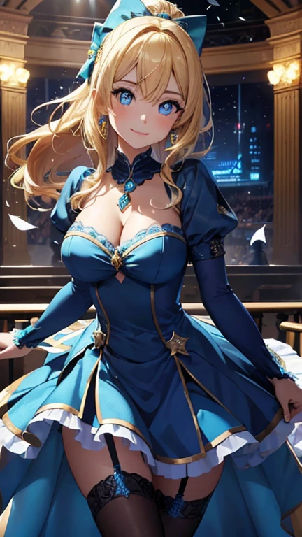 (masterpiece), Highest quality, Expressive eyes, Perfect Face,(((1 Girl))),(A gorgeous idol dress in blue and black:1.3)),(Big Tits 1.5),(Thigh gap 1.5),Crystal Amulet,concert,Confetti,garter belt,High heels,(Blonde),ponytail,Side Lock,bow,Cleavage,View your viewers,軽いsmile, eye shadow, eyeliner,Sparkling Eyes, Ultra-detailed eyes, Complex eyes, Beautiful Eyes, ((Glowing blue pupils))、Are standing,Tilt your head,Are standing on one leg,Sexy pose,smile,whole body