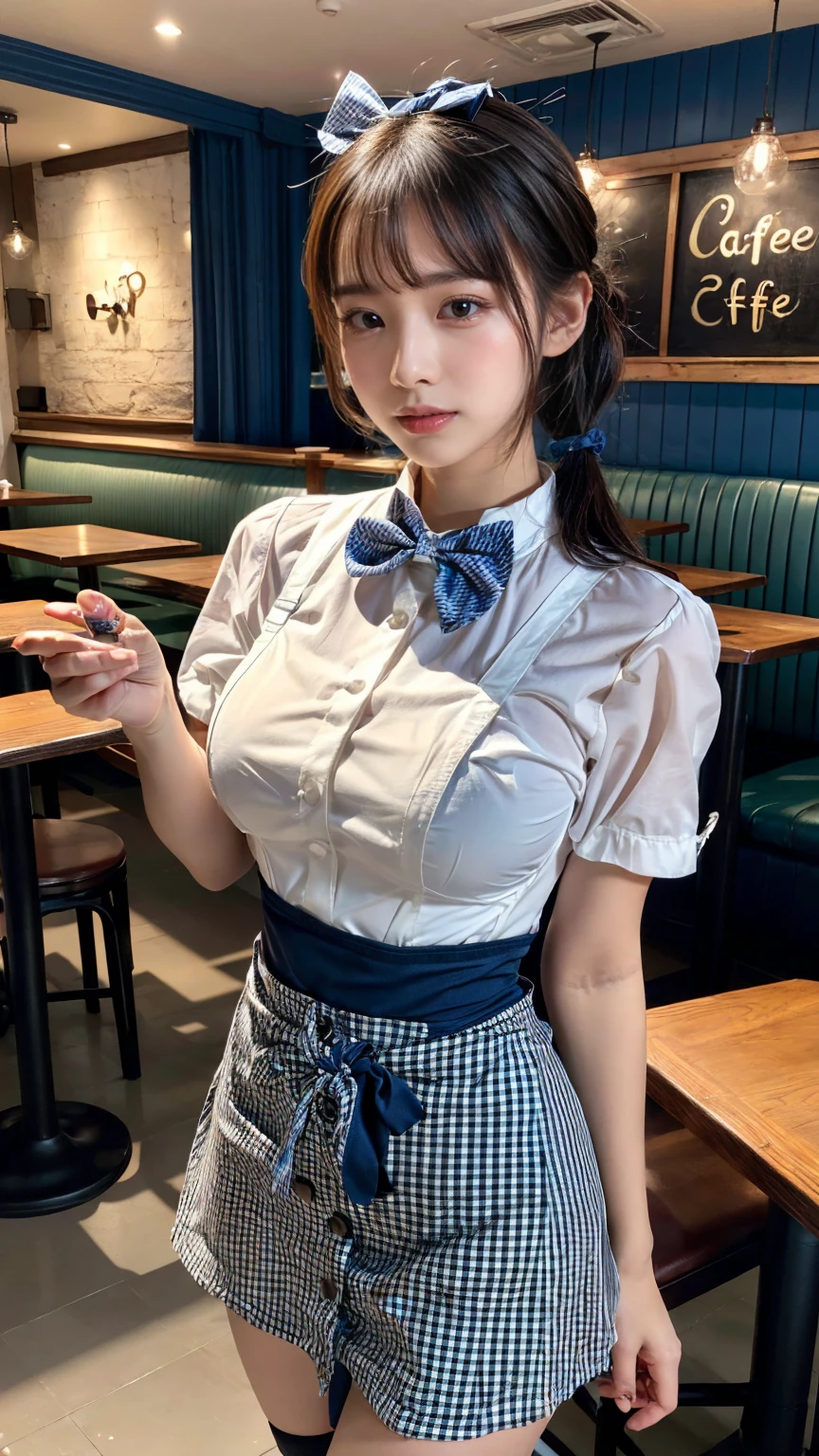 (8K, RAW Photos, Highest quality, masterpiece:1.2), masterpiece, super detailed, super high quality, (Realistic and photorealistic photography:1. 37), High-resolution RAW color photos, Very delicate and beautiful, highly detailed, 8k wallpaper, wonderful, detailed, Very eye, very detailed, very detailed skin, very thin fingers, very detailed nose, very detailed mouth, Perfect Anatomy, BREAK,18 year old girl, (low ponytail:1.3), Dark makeup, Big Natural Color Lip, (double-breasted,underbust:1.2), (Plumpy body:1.2), (smooth skin:1.1), dynamic pose, (breasts:1.2), BREAK, (gingham-check suspender-apron:1.3 (solid-blue high-waist skirt:1.3 (apron over skirt:1.2 (white blouse:1.3 short sleeves, button gap, (solid-blue bow-tie:1.2 BREAK, cafe, restaurant,