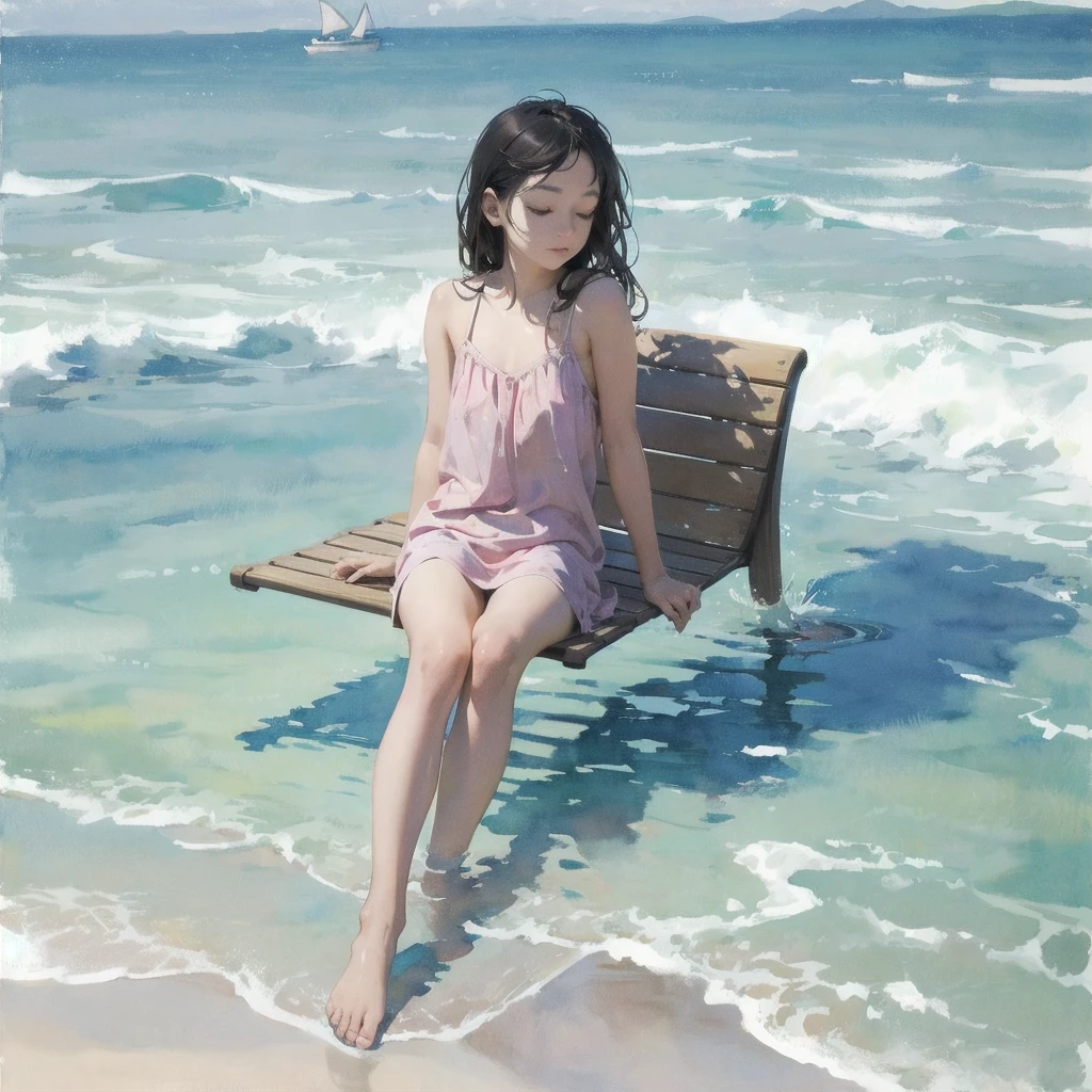 Tranquil voyager girl, in watercolor style, Photorealism, discreet pink and mint shades, barefoot