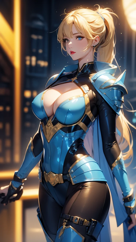 blue sci-fi armor，Golden shorthair，Long ponytail hairstyle，Large Breasts，cleavage，Pistol hanging from waist，fighter pilot，fighter hangar，Sexy，lipstick，woman，Golden eyes