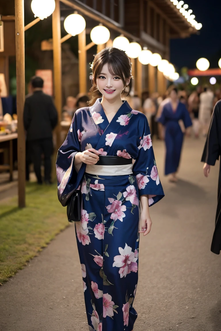 Summer festival stalls night  , Highest quality, shape, Very detailed, In detail, High resolution, 8k wallpaper, Perfect dynamic composition, Beautiful details,  Natural Lip, Cute yukata, Big Breasts, She is smiling cutely while walking.., A masterpiece of the whole body, Full Body Shot