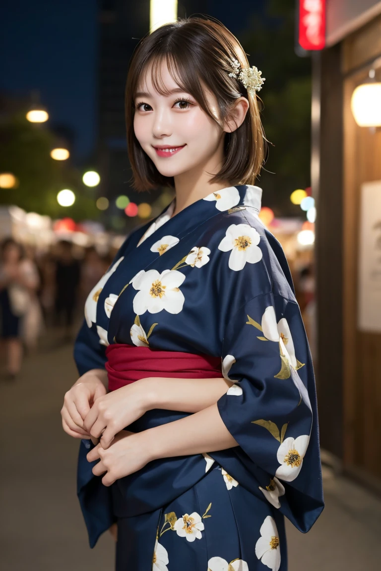 Summer festival stalls night , Highest quality, shape, Very detailed, In detail, High resolution, 8k wallpaper, Perfect dynamic composition, Beautiful details, Natural Lip, Cute yukata, Big Breasts, She is smiling cutely while walking.., A masterpiece of the whole body, Full Body Shot