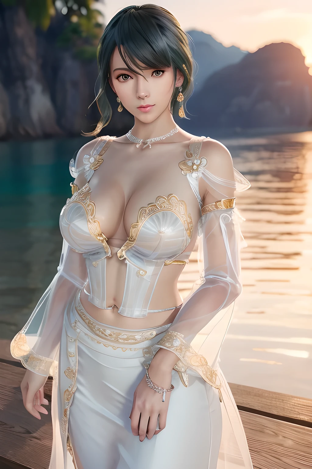1girl,Tamaki,At sunset, the warm sunlight adds a golden hue to the scene. Wearing a flowing (white dress with transparent sleeves and a cinched waist: 1.4), blown by the breeze, and wearing earrings, she stands on the dock and looks at the sunset in the distance. The water is calm, with soft ripples, and the outline of the distant coastline can be vaguely seen in the background.(fashionable_Tattoos),(huge breasts),collarbone, cleavage,Detailed Hair,(Tattoos),(masterpiece:1.5),( best quality:1.4), ultra-detailed,(((realisetic))),8K,{ (photorealistic:1.37),movie soft light,