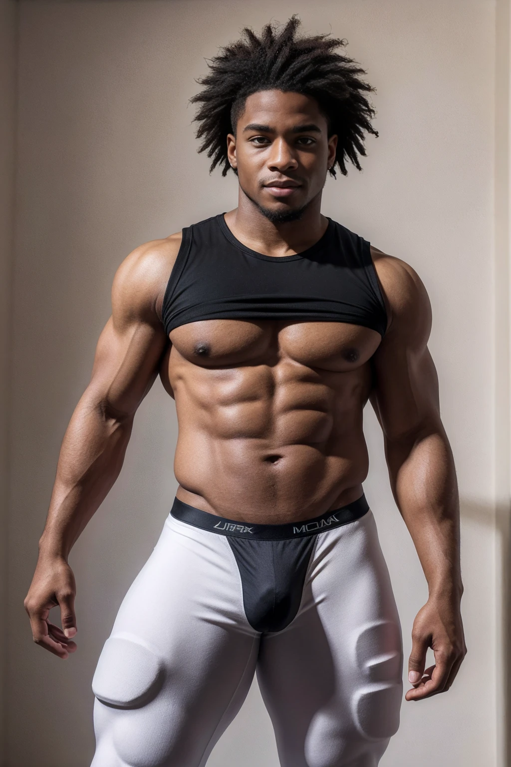 1boy, (Brown Eyes), happy smile,American boy,,young,thick body, slender, sport body build, child-like,Handsome sexy black man, perfect body, male body aesthetics, skin texture,((best quality,4k,highres,masterpiece:1.2)),((character concept art)), 1 male, 19-year-old African-American exchange student from U.S., college league player, American Football, Running Back position, athlete, athletic body, tall, broad shoulders, broad chest, very strong arms and legs, very muscular, dreadlock hairstyle, Andrew Tete's traits and personality - pragmatic, driven, intelligent, compassionate, reliable, goer, arrogant, extrovert, wearing yellow t-shirt, Richard Mille wristwatch, luxury brand sneaker, diamond stud earring, stylish sneakers, confident smirk, intense gaze, (standing confidently), (full body showcase), (show full body), (no logos on background), (no logo), ((plain background)), ((plain background)), (((empty background))) , wearing red colors micro thong with medium bulge,very pale skin, light skin, model with attractive body,medium bulge and medium butts,(Best quality, 8k, Masterpiece). High Detail , superior quality, natural lighting, beautiful, sexy, correct anatomy, good composition,realistic shapes, realistic skin tones,Natural eyes,realistic eyes,looking up at viewer,vpl,realistic muscles,Realistic wrinkles on the skin,Realistic arms and legs,Realistic face,realistic hair,Make a sexy and seductive face, Clear Focus: 1.2, Perfect Body virile: 1.4 , Slender Abs: 1.2, Highly detailed face and skin texture, detailed eyes, double eyelids, big upper lip, man focus,amazing composition, front view, HDR, volumetric lighting, ultra quality, elegant,Post a erotic photoshoot,Realistic pose,detailed hair,full body,Fujifilm XT3 photorealistic art by midjourney