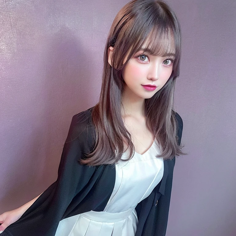 1girl,beautiful vintage color, instagram (photorealistic, high resolution:1.4), ((puffy eyes)), looking at viewer, , full body (8k, RAW photo, best quality, masterpiece:1.2), (realistic, photo-realistic:1.37),(sharp focus:1.2), professional lighting, photon mapping, radiosity, physically-based rendering, (pale skin:1.2),(small breasts:1.2), looking at viewer, (middle hair:1.5), portrait, purple eyes, (sliver hair:1.1),bangs, (simple background:1.4), solo, upper body, realistic,(masterpiece:1.4),(best quality:1.4),(shiny skin),fashi-girl,makeup,smile(skinny,closed mouth,shy :1.3) ,(standing,black Stewardess uniform,Necromancer:1.1),medium bust,sexy pose ,