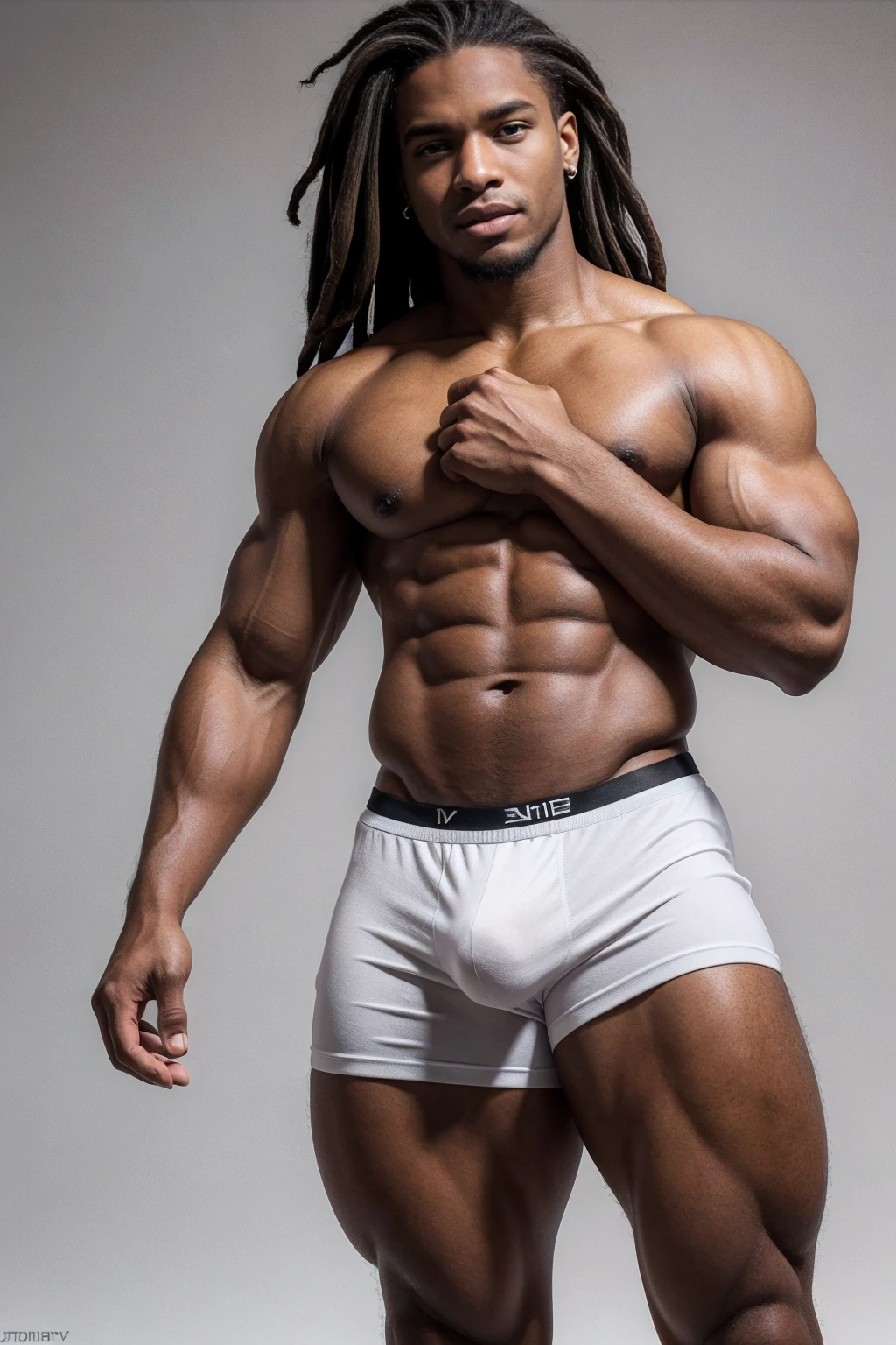 1boy, (Brown Eyes), happy smile,American boy,,young,thick body, slender, sport body build, child-like,Handsome sexy black man, perfect body, male body aesthetics, skin texture,((best quality,4k,highres,masterpiece:1.2)),((character concept art)), 1 male, 19-year-old African-American exchange student from U.S., college league player, American Football, Running Back position, athlete, athletic body, tall, broad shoulders, broad chest, very strong arms and legs, very muscular, dreadlock hairstyle, Andrew Tete's traits and personality - pragmatic, driven, intelligent, compassionate, reliable, goer, arrogant, extrovert, wearing yellow t-shirt, Richard Mille wristwatch, luxury brand sneaker, diamond stud earring, stylish sneakers, confident smirk, intense gaze, (standing confidently), (full body showcase), (show full body), (no logos on background), (no logo), ((plain background)), ((plain background)), (((empty background))) , wearing red colors micro thong with medium bulge,very pale skin, light skin, model with attractive body,medium bulge and medium butts,(Best quality, 8k, Masterpiece). High Detail , superior quality, natural lighting, beautiful, sexy, correct anatomy, good composition,realistic shapes, realistic skin tones,Natural eyes,realistic eyes,looking up at viewer,vpl,realistic muscles,Realistic wrinkles on the skin,Realistic arms and legs,Realistic face,realistic hair,Make a sexy and seductive face, Clear Focus: 1.2, Perfect Body virile: 1.4 , Slender Abs: 1.2, Highly detailed face and skin texture, detailed eyes, double eyelids, big upper lip, man focus,amazing composition, front view, HDR, volumetric lighting, ultra quality, elegant,Post a erotic photoshoot,Realistic pose,detailed hair,full body,Fujifilm XT3 photorealistic art by midjourney