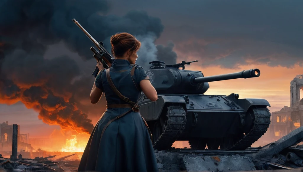 （A female sniper stands on the left，Hand touching tank gun barrel，Saying goodbye，Background is the ruins of the city，Under the sunset：1.5）painting masterpiece, Extremely detailed, Black White Dark Steel Dark Blue Black Light Brown Dark Brown White Light Orange Dark Red Dark Green, Dramatic Lighting, evening, High contrast, steam, FOG, Movie Lighting, Aspect ratio of 16:9, steam, 4K, professional ominous Concept Art, author：artgerm and greg rutkowski, complex, elegant, Highly detailed digital painting, Concept Art, Smooth, Clear focus, illustration, Simon Starenhagen&#39;s style, Wayne Barlow, 和 igor kieryluk., Acrylic painting, Popular in pixiv Fan Box, Palette knife and brush strokes, Makoto Shinkai&#39;s styleJamie WiseJames GirardEdward HopperGreg RutkowskiStudio GhibliGenshin Impact