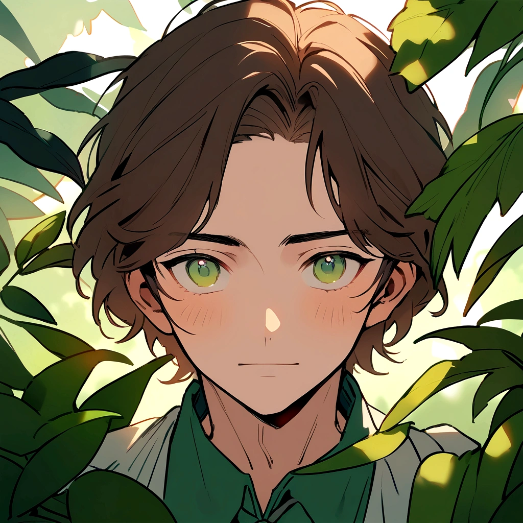 adult male gardener - brown hair - dark green eyes - in a garden