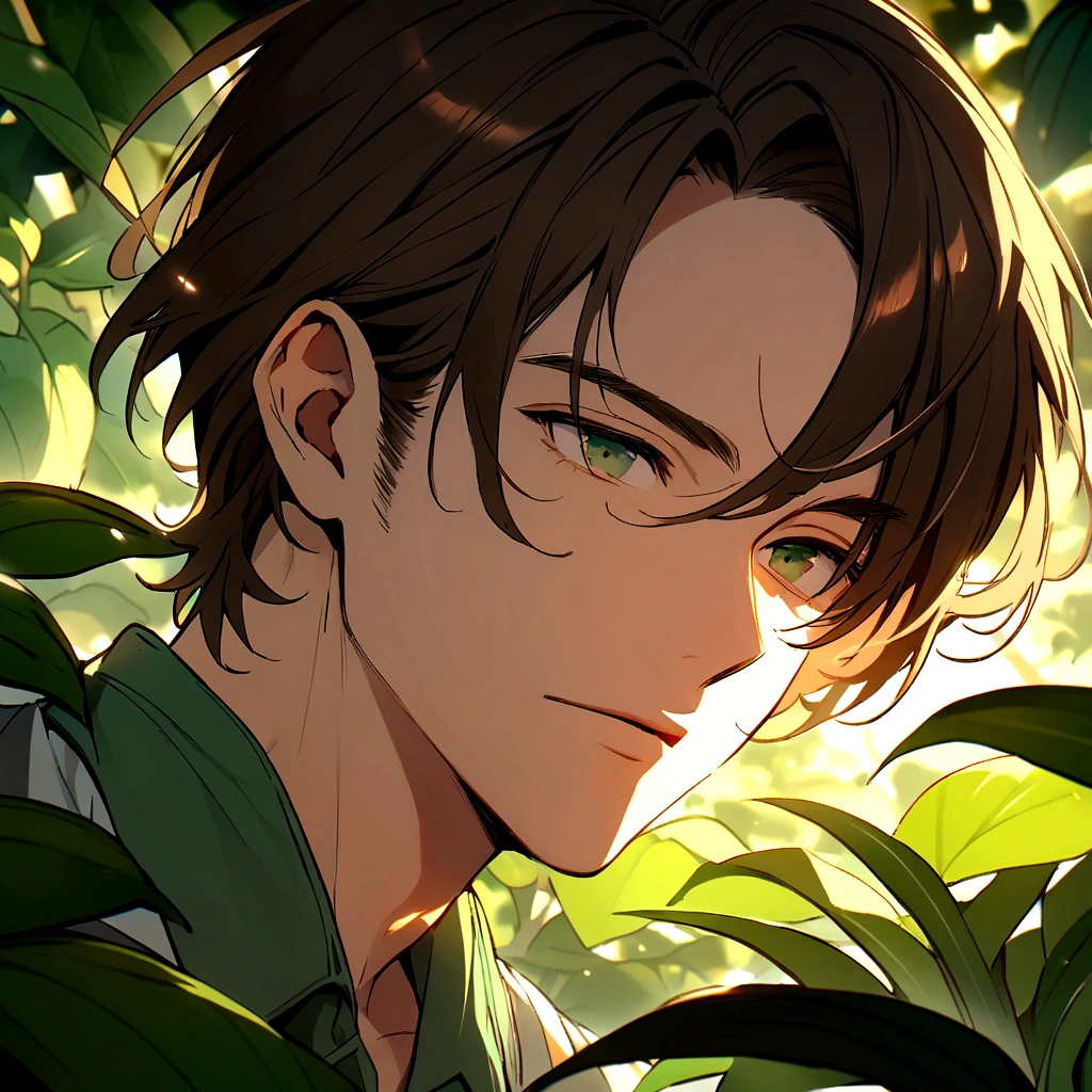 adult male gardener - brown hair - dark green eyes - in a garden