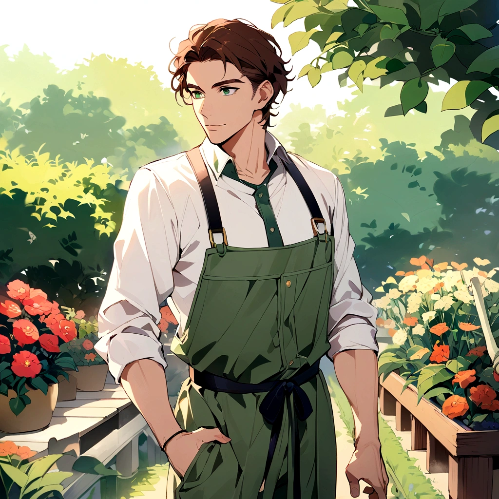 adult male gardener - brown hair - dark green eyes - in a garden