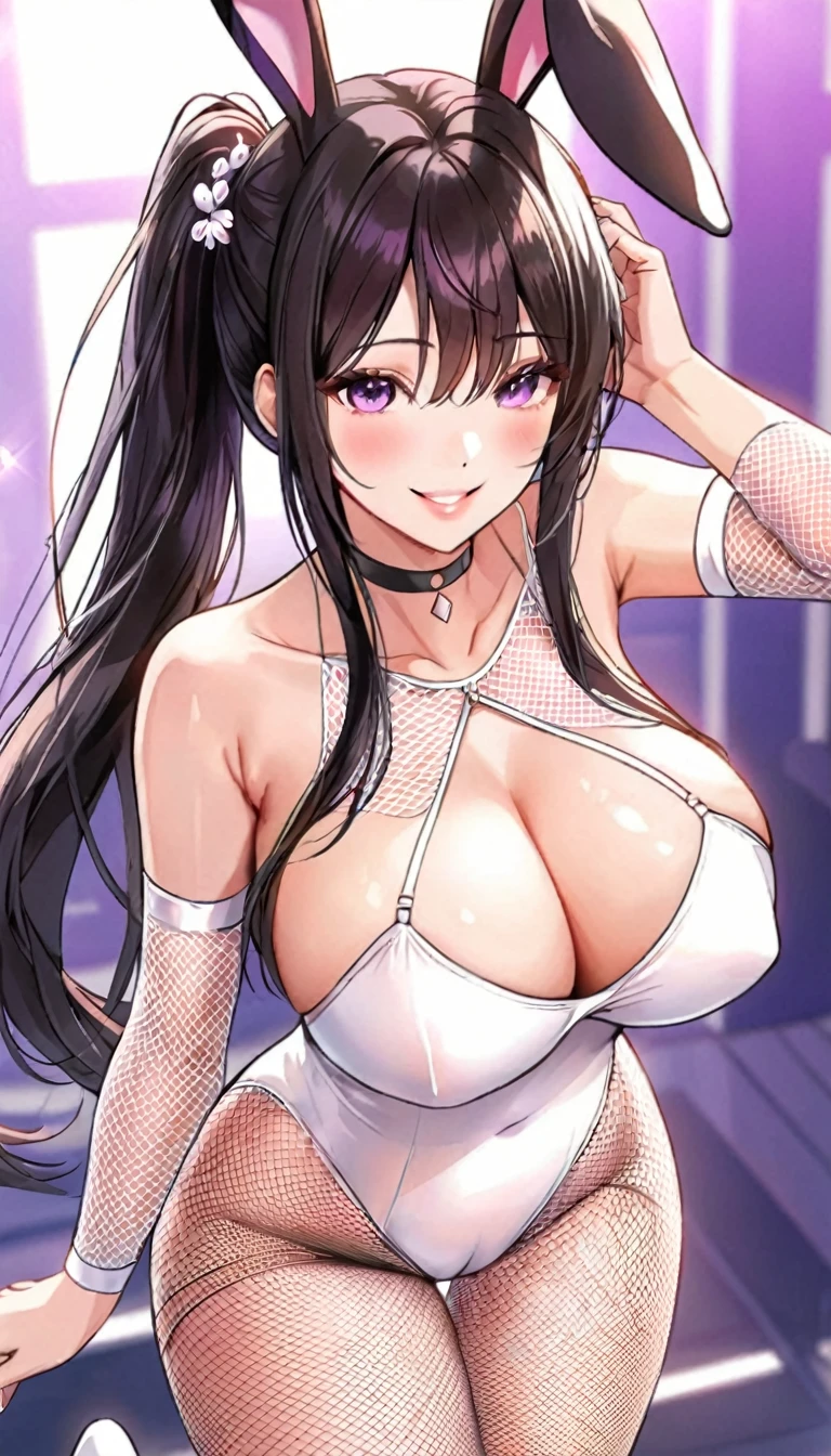 (best quality:1.4), (ultra highres:1.2), (8k, RAW photo:1.2), manhwa-artstyle, 1girl, solo, long hair, looking at viewer, smile, black hair, purple eyes, Perfect Hands, ponytail, playboy bunny, rabbit ears, pantyhose, fishnet legwear, white leotard, fishnet, tie, (big breasts:1.2, upper body, from above, cameltoe, ) white panties, jewelry, hands on chest,see-through, looking at viewer, hair ornament, choker, shy, smile, (masterpiece, top quality, best quality, official art, beautiful and aesthetic:1.2), (blur background)