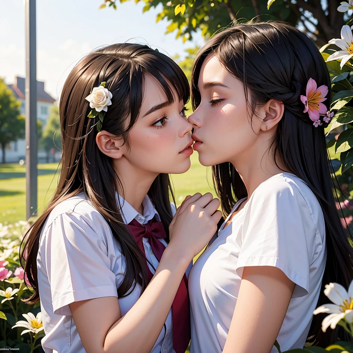(masterpiece, best quality), perfect anatomy, two school girls are deeply in love with each other, kiss, romantic atmosphere, flower