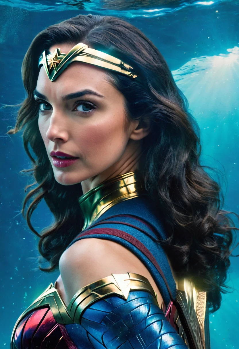 (((Extreme close-up GAL Gadot under the mantle of the Amazon warrior Wonder Woman Diaema Wonder Woman Underwater Suit Wonder Woman TV series 70s Lynda Carter)))front images splash color images))),(((Blue Underwater Costume with Stars Wonder Woman Lynda Carter)))