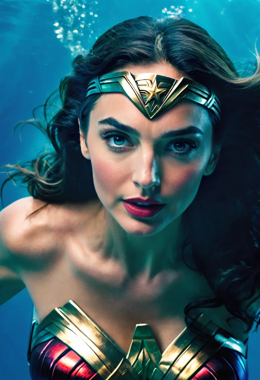 (((Extreme close-up GAL Gadot under the mantle of the Amazon warrior Wonder Woman Diaema Wonder Woman Underwater Suit Wonder Woman TV series 70s Lynda Carter)))front images splash color images))),(((Blue Underwater Costume with Stars Wonder Woman Lynda Carter)))