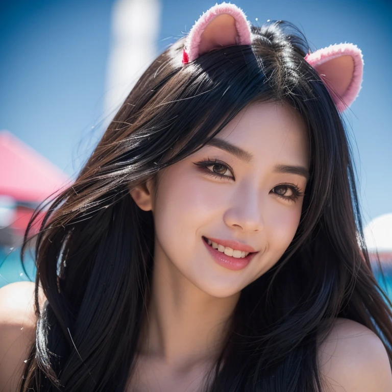 black hair, hair bobbles, wince, longeyelashes, solid circle eyes, fake animal ears, light smile, ear blush, fang, ccurate, drop shadow, anaglyph, stereogram, tachi-e, pov, atmospheric perspective, 8k, super detail, best quality