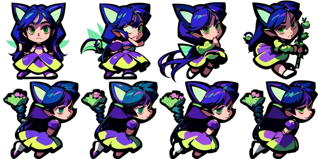 a close up of a cartoon character with different poses, spritesheet, sprite sheet, with familiar sprites, sprites, fairy girl, morgana, default pose neutral expression, twirling, sprite 2 d, shady, green fairy, smol, multiple poses, cute chibi, kawaii