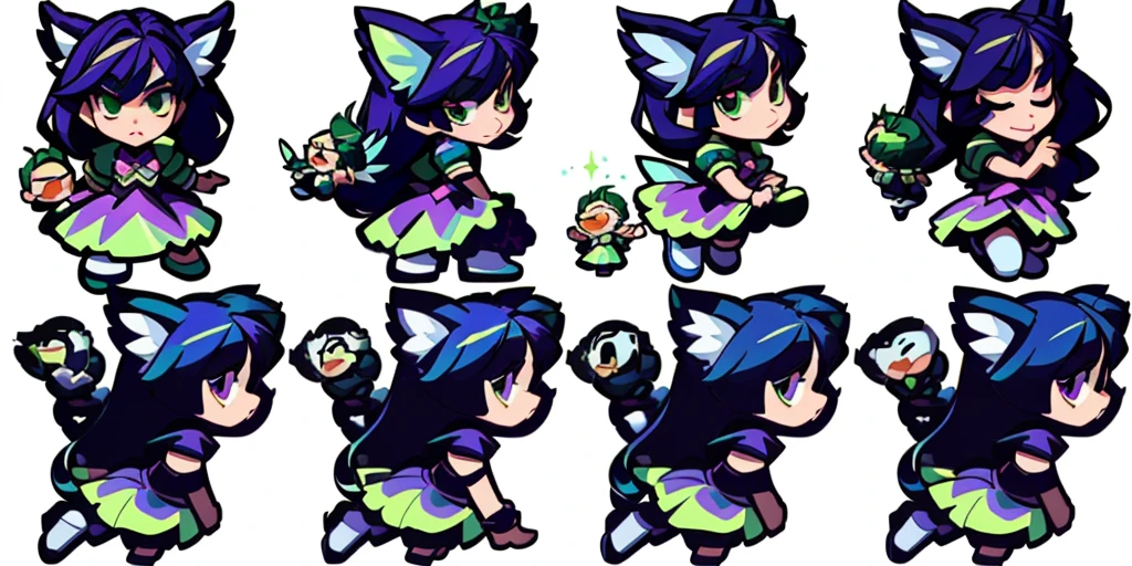 a close up of a cartoon character with different poses, spritesheet, sprite sheet, with familiar sprites, sprites, fairy girl, morgana, default pose neutral expression, twirling, sprite 2 d, shady, green fairy, smol, multiple poses, cute chibi, kawaii