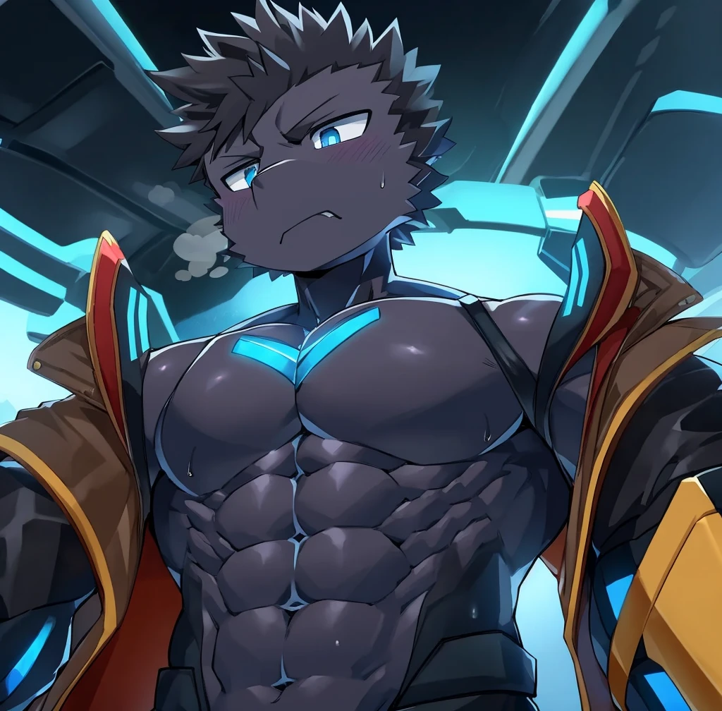 Thin macho western black dragon abs Hollow abs body suit thick arms chest rig 、sweaty skin glow profile Wearily short of breath Chemo shota
have a blue eyes Tired look jacket