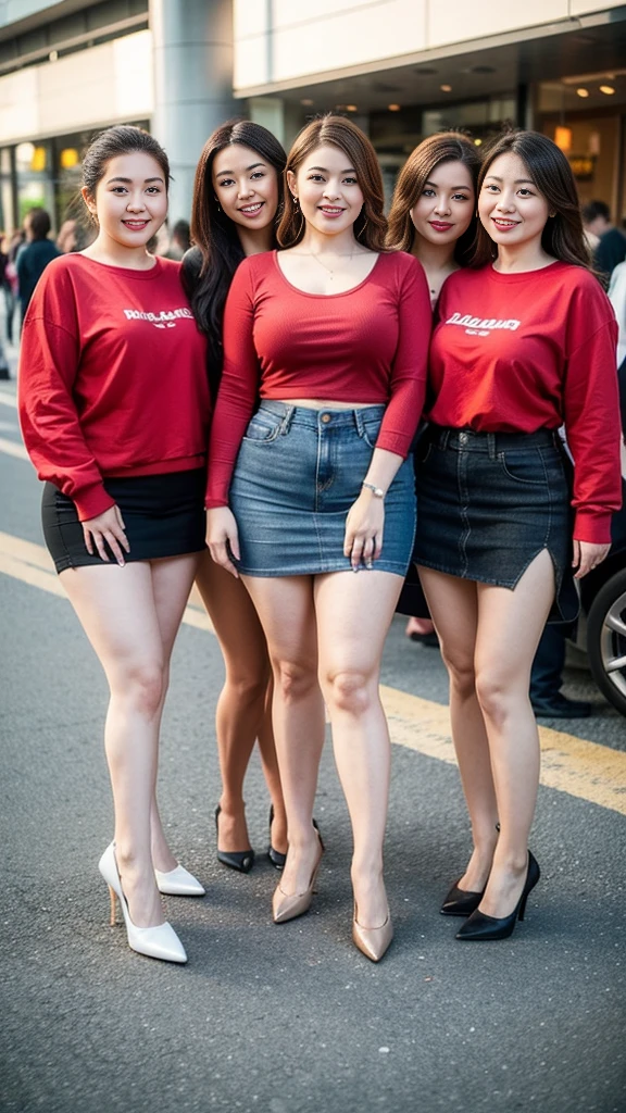 Four quadruplet sisters,Smiling fat woman ((best quality)), ((masterpiece)), (detailed), Perfect face, Wearing a green loose sweatshirt and short skirt, The other was wearing a red loose plaid shirt and jeans, Thin waist and thick hips, Soft curves, hyperPractical full figure, Wearing a cute top, Long legs,,thickness, Beautiful plump woman, Four female targets with beautiful curves,Clear curve details, Curvy hourglass figure, Charming plus size models, bbw酱, full image, Surface Model, Curvy body, (full-body shot)blush, 1girll fat , Golden Ratio,(White and tender skin:),High quality background, HD, Practical, HDR. pedestrian mall,Skin as white as paper,High heel,Supercar,Auto Show