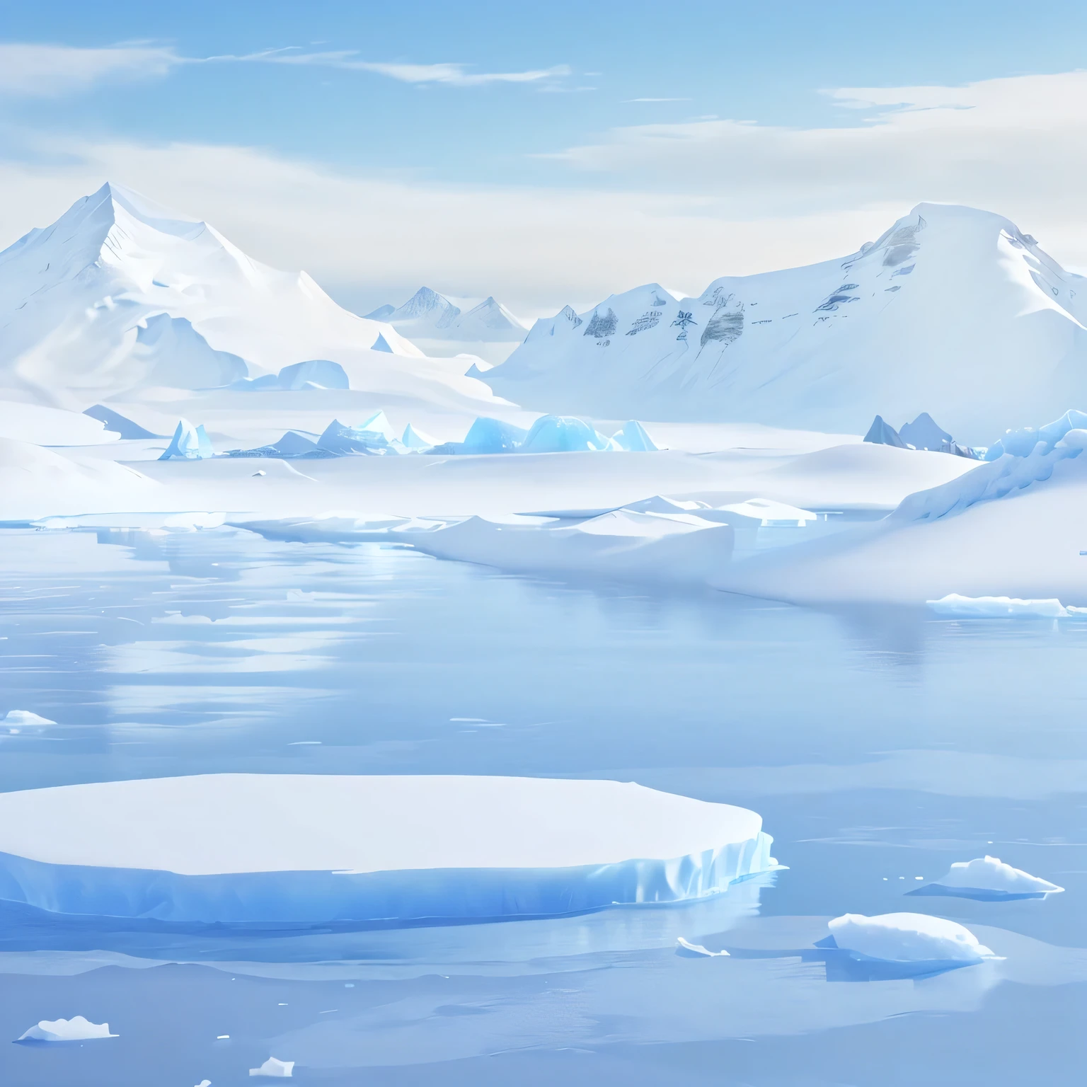 A large iceberg in the middle of a body of water, Frozen tundra background, Icebergs in the background, Cold mountains, Cold landscape, Cold mountains in the background, Arctic snowy environment, There are snow mountains and ice, Snow background, Cold, Snow mountain background, Icebergs in the distance, snowy environment, Surreal frozen landscape