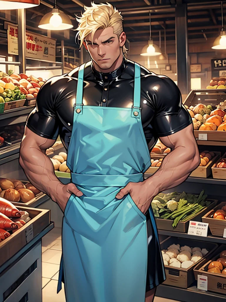 men wear latex shining apron muscular and handsome,fish market