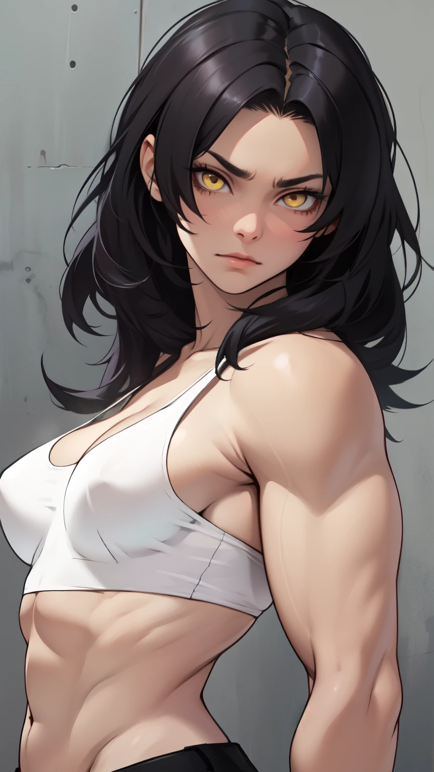 muscular girl breasts black hair yellow eyes pale skin sad girl
