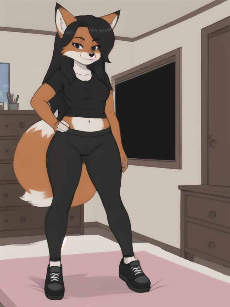 Furry, fox, female, black shirt, black leggings, shoes, bedroom, teen, standing, full body