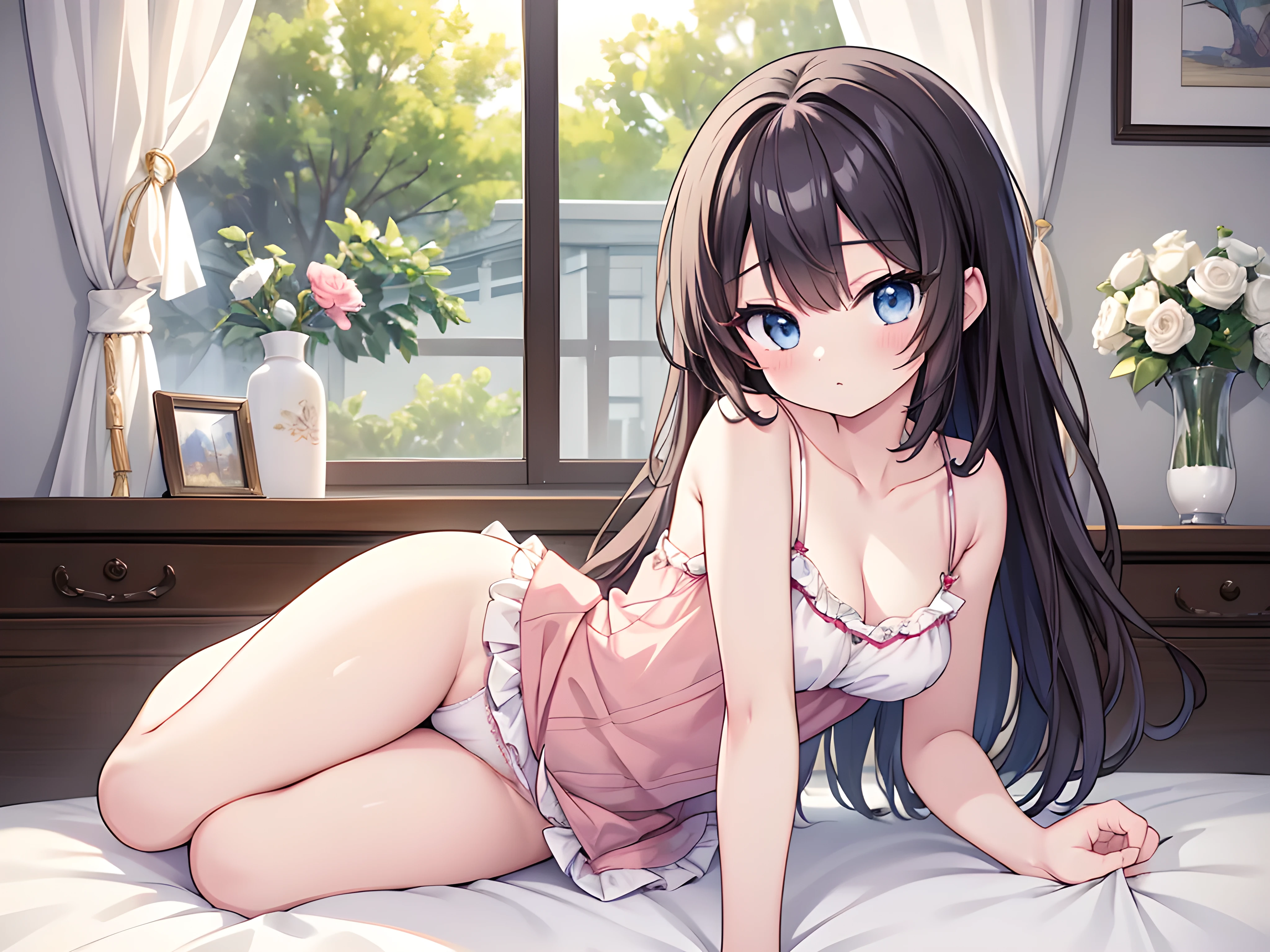 ((masterpiece)), ((high resolution)), ((best quality)), (ultra-detailed), anime, ((extremely detailed)), 4K, (8K), best quality, (beautiful), solo, camisole, panties, on the bed, morning,
