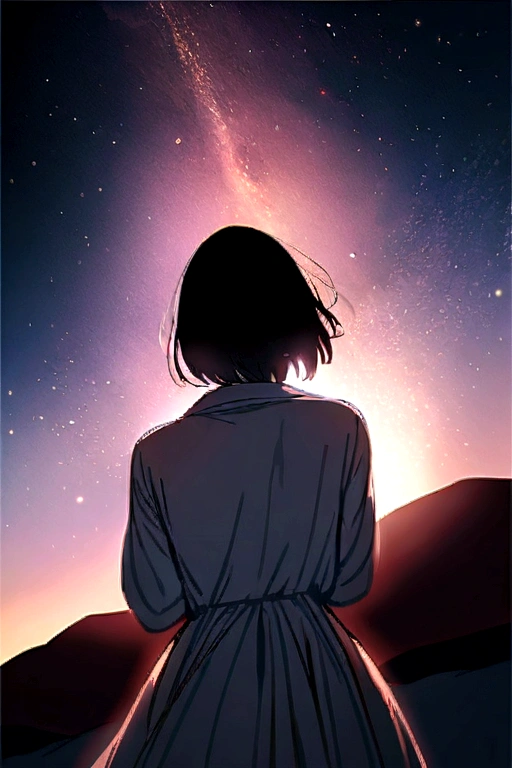 White woman with long black hair and man with short hair looking at sky and stars on a mountain and both turning their backs