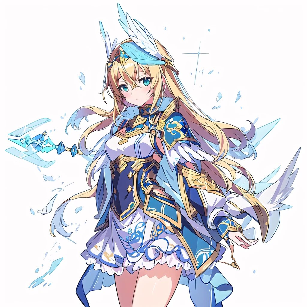 Highest quality, high resolution, High quality game art style, Valkyrie, cowboy shot,Official Art, Smooth game CG art,Cute 3D anime girl render, Visual Novel Sprites, White background,Smooth game CG art, humanoid woman, JRPG Characters, A woman in a white dress and blue armor holding a spear, An intricately designed helmet with white feathers,Small shield, Intricate blue and gold armor,Golden Hair Anime Girl, long hair, Rin々Shii,Large Bust,17 years old,