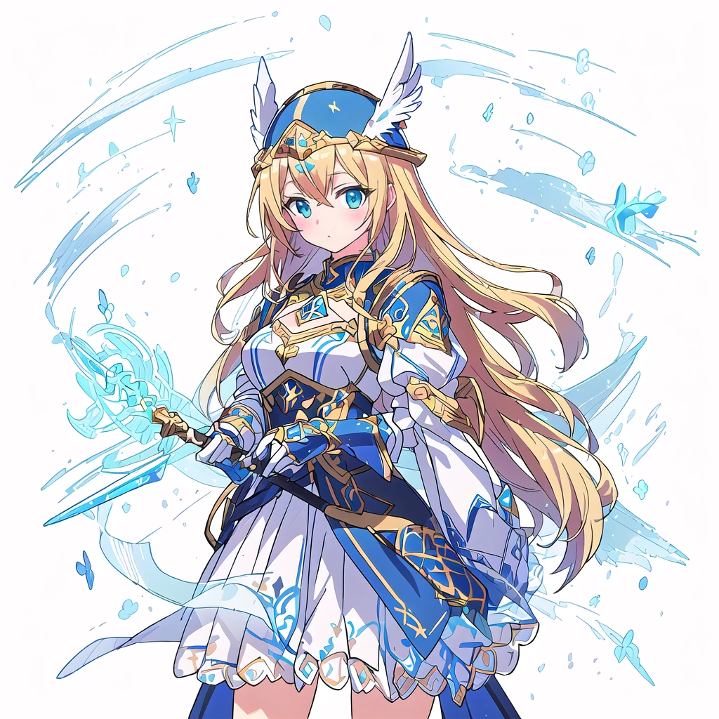 Highest quality, high resolution, High quality game art style, Valkyrie, cowboy shot,Official Art, Smooth game CG art,Cute 3D anime girl render, Visual Novel Sprites, White background,Smooth game CG art, humanoid woman, JRPG Characters, A woman in a white dress and blue armor holding a spear, An intricately designed helmet with white feathers,Small shield, Intricate blue and gold armor,Golden Hair Anime Girl, long hair, Rin々Shii,Large Bust,,