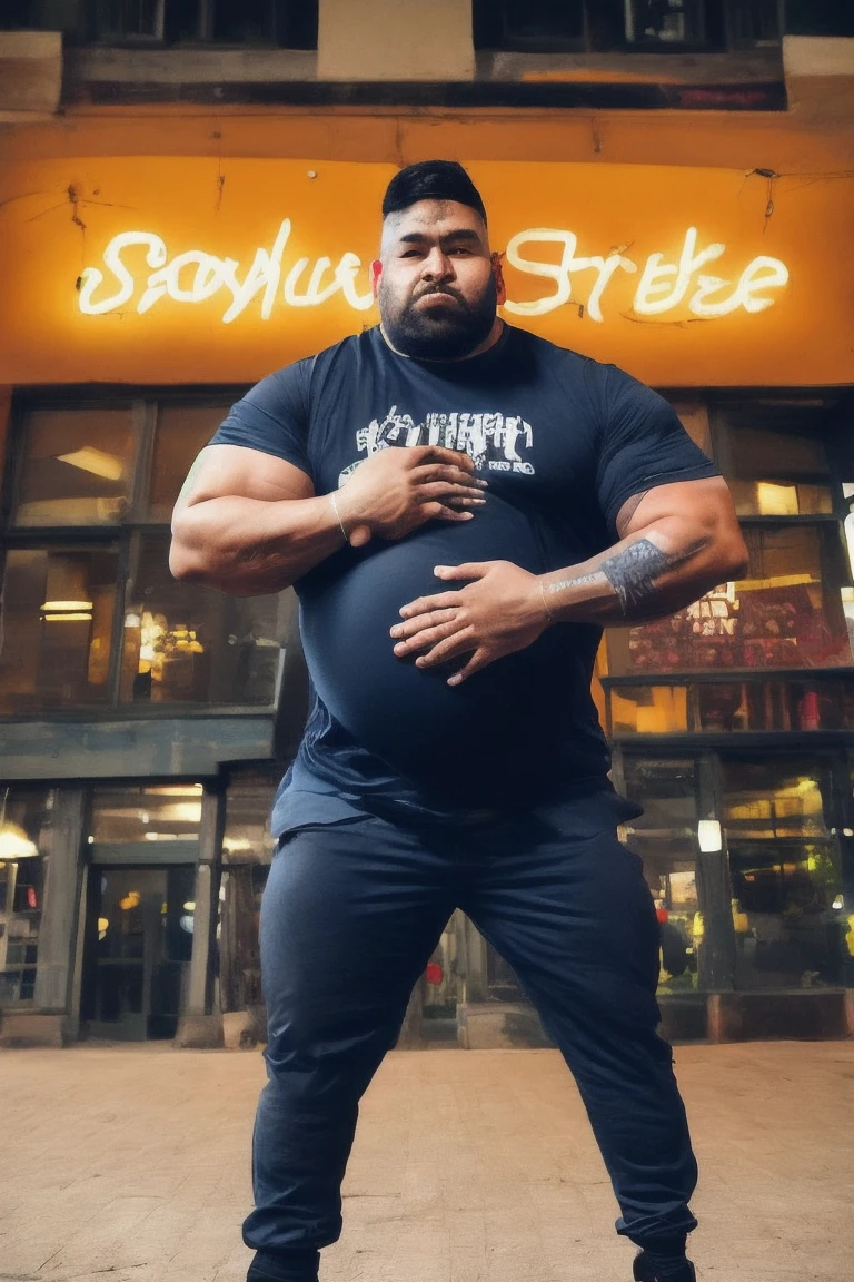 A beefy bearded Asian badboys man with a more bigger body size, big pregnancy belly, pumped chest, tribal art style tattoos, authoritative and protective expression, hugging from behind, worshiping and squeezing his chest, wearing a rapper outfit with pirate details, night neon seaport lights, low angle camera, add bandage around his body, holding a mic and singing, flexing muscles, fisheye camera