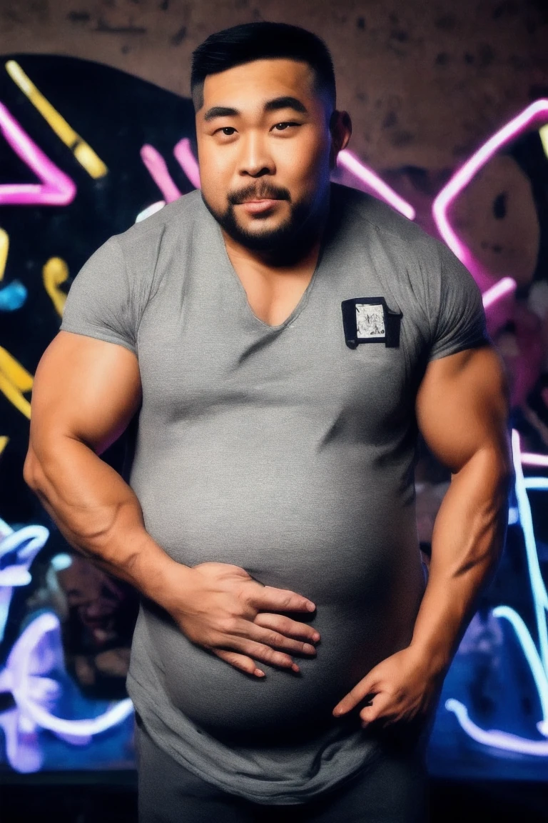 A beefy bearded Asian badboys man with a more bigger body size, big pregnancy belly, pumped chest, tribal art style tattoos, authoritative and protective expression, hugging from behind, worshiping and squeezing his chest, wearing a rapper outfit with pirate details, night neon seaport lights, low angle camera, add bandage around his body, holding a mic and singing, flexing muscles, fisheye camera