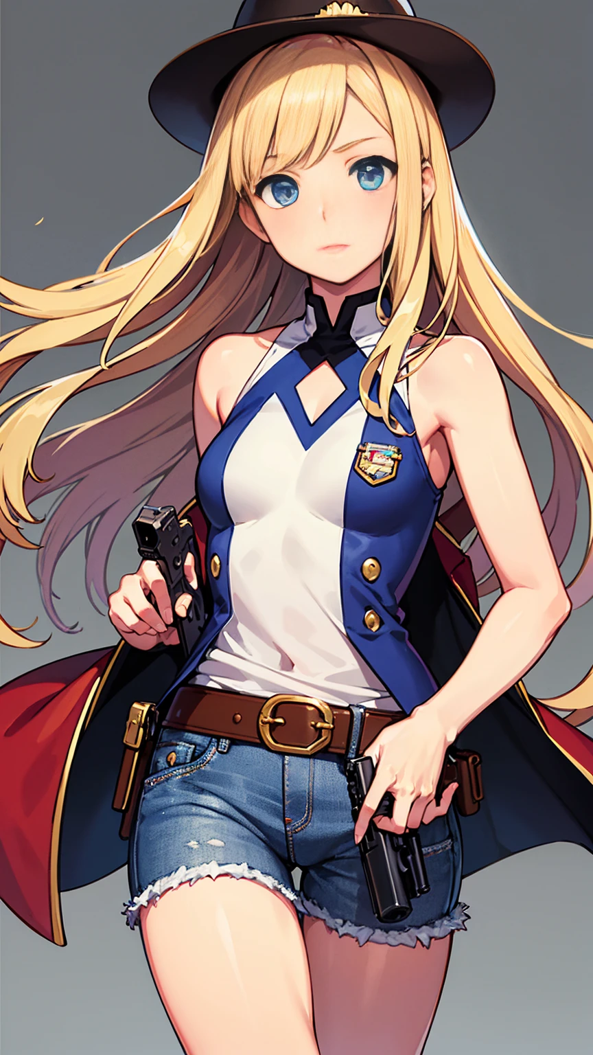 1 Girl, masterpiece, macross delta splash art, Highest quality, White tank top, abdomen, short blue jeans, Small breasts, Cowboy hat, hip gun holster, Very sophisticated gun, Realistic guns, Colt Peacemaker in hand, Point the gun forward, Sheriff Badge, Bullets on the belt, Brown leather duster, Leather overcoat, Fine grain, Sparkling eyes, Beautiful Hands, Extremely elaborate hands, straight hands, Shiny skin, Shiny Hair, blue eyes, Light blonde hair, expensive, Long Hair, Straight hair, whole body, United States Flag