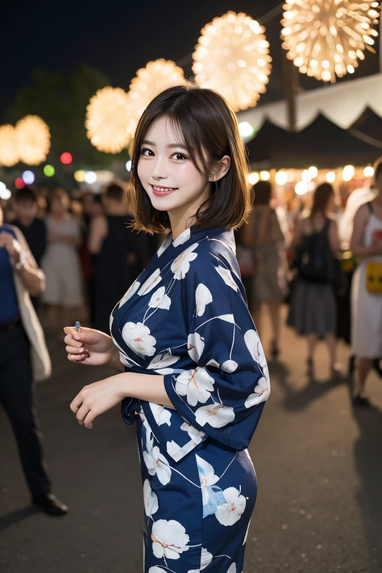 Summer festival, food stalls, night, fireworks , Highest quality, shape, Very detailed, In detail, High resolution, 8k wallpaper, Perfect dynamic composition, Beautiful details,  Natural Lip, Cute yukata, Big Breasts, She is smiling cutely while walking.., A masterpiece of the whole body, Full Body Shot