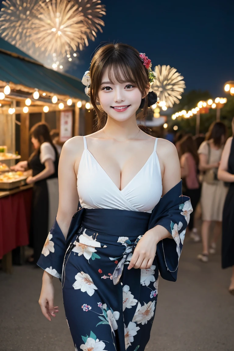 Summer festival, food stalls, night, fireworks , Highest quality, shape, Very detailed, In detail, High resolution, 8k wallpaper, Perfect dynamic composition, Beautiful details,  Natural Lip, Cute yukata, Big Breasts, She is smiling cutely while walking.., A masterpiece of the whole body, Full Body Shot