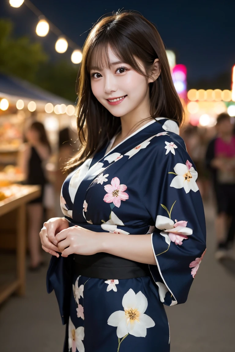 Summer festival, food stalls, night, fireworks , Highest quality, shape, Very detailed, In detail, High resolution, 8k wallpaper, Perfect dynamic composition, Beautiful details,  Natural Lip, Cute yukata, Big Breasts, She is smiling cutely while walking.., A masterpiece of the whole body, Full Body Shot