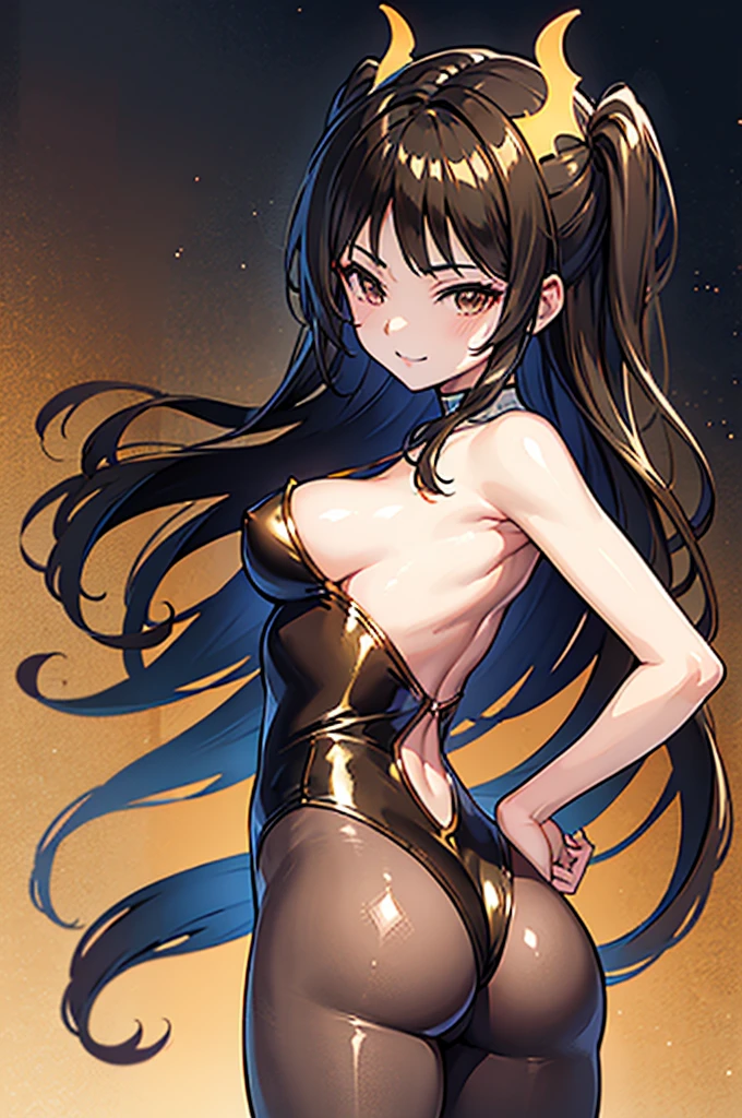 Highest quality　Highest quality　Draw a face carefully　High-definition anime-style face　Super Glowing Skin　Brown leotard　Golden pantyhose　Succubus　lure　smile　Rear view　Back view　Ass close up