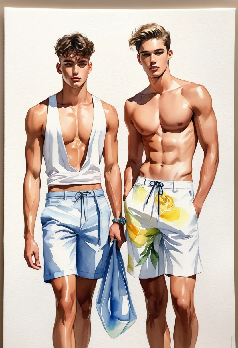 candid fashion illustration of two young mixed male supermodel, both aged 20 year old, ((showcase fashion look book in a men white mini thong swimsuit)), inspired by rose flower, in elegant young and chic bohemian style.  The 2man complements in beach accessorizes and white sneakers. Captured in a low angle, ((full-body image)), ((imperfect water color background)), sketching, realistic drawing, ((imperfect water color drawing)), fashion look book, fashion illustrator, sketch design, Jacquemus, gay, gay couple, thick bugle, handsome, 