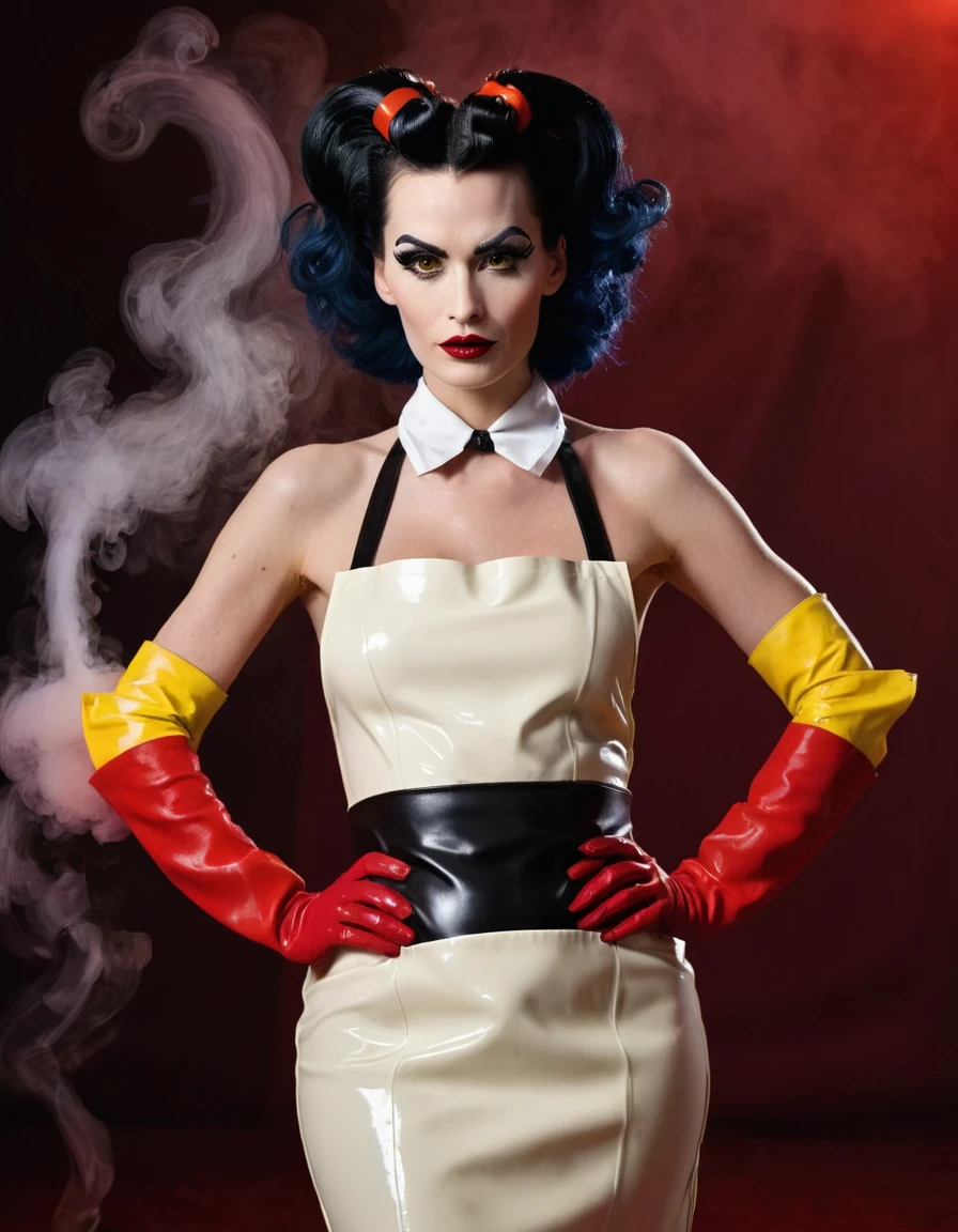 Cruella. A very magnificent hairstyle. A naked model in a long latex butcher's apron. Hands in yellow gloves on hips. An elegant pose. Red, thick smoke in the background.