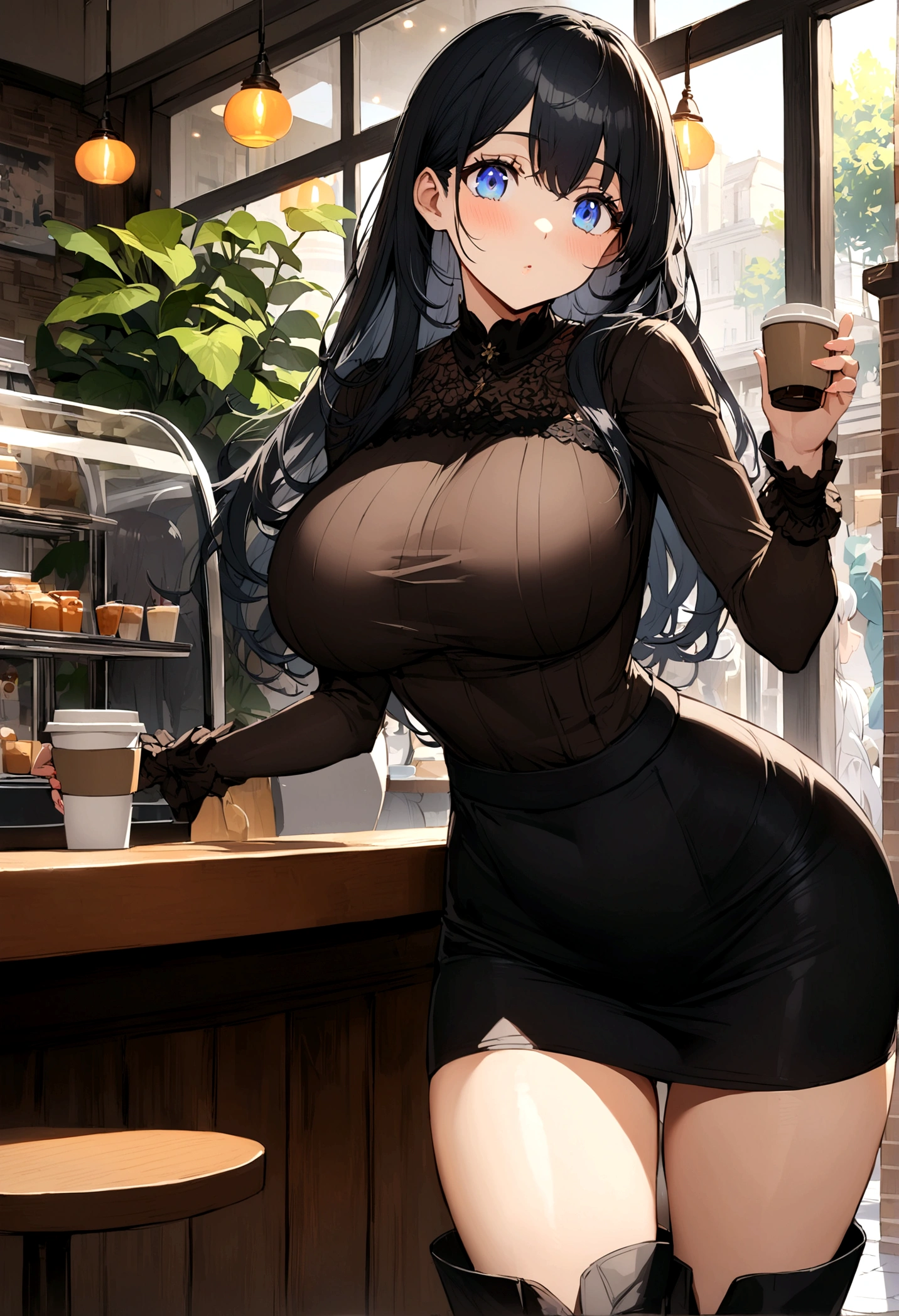 Anime girl long black hair, blue eyes, With big breasts and slim with hips and ass. Wearing a skirt and a top, high boots having a coffee in a cafe while waiting for someone