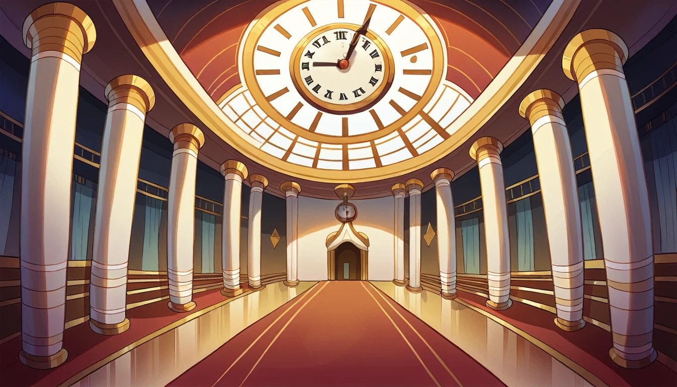 Arabic style ceiling with clock and red carpet in the room, exquisitely designed Audience Room, Audience Room, in a Audience Room, From inside the huge palace, rustic Audience Room, entrance to valhalla, decadent Audience Room, Lots of details, Perfect in every detail, dramatic theme, Lots of detailss, Shining imperial motifs, very ornate