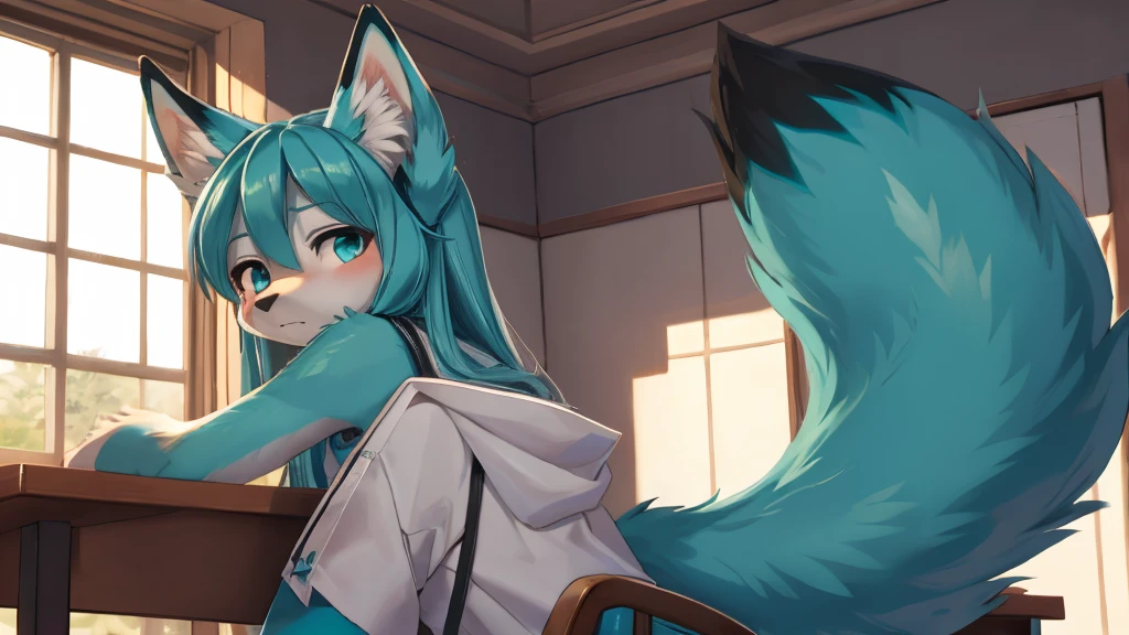 Hatsune miku x kitsune add_detail:1 aqua fur Masterpiece High quality High resolution、Anna Tanaka , wide, Sit with your knees bent, se v3 su ropa interior、beauty legs 、At a school、As if looking up from below、embarrassed add_detail:1 nude, grabbing legs add_detail:1 cumming, fox face, Elongated snout