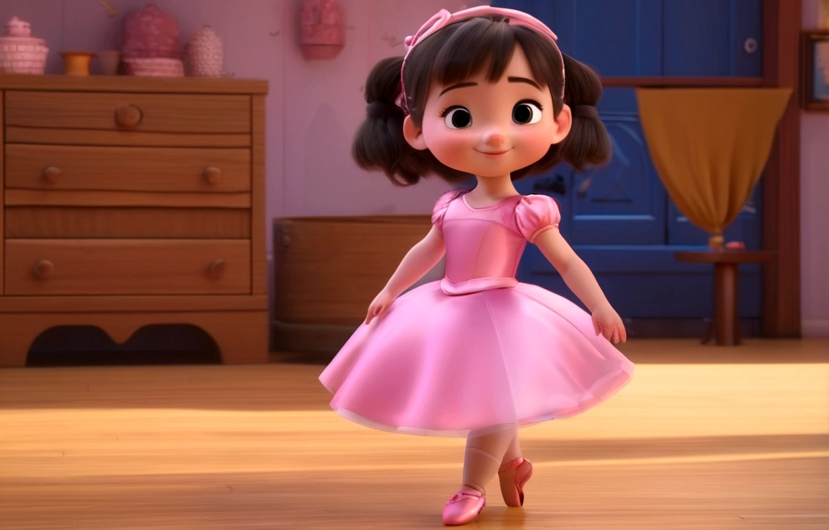 A poster，banner；1Little girl lying on the floor，Sweaty face，Wear ballet costumes，your feet，Happy expression，Looking at the dancing shoes in front of me，Long hair；Composition：The character is on the right，Light pink background，Pink ribbon for atmosphere decoration；3DAnimation海报，皮克斯3DAnimation风格，Pixar Renderman Rendering，Maya 8K，Animation，disney pixar 3d style，indoor，迪士尼皮克斯Animation海报；The content is simple，Simple style。